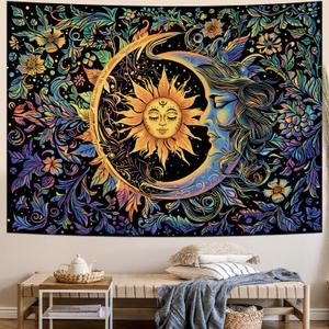 Sun and Moon Tapestry Psychedelic Mystic Floral Tapestry Hippie Boho Flower Plants Wall Tapestries Vintage Aesthetic Tapestries Wall Hanging for Bedroom (78.7"L x 59.1"W)