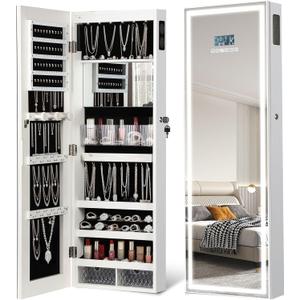 LED Mirror Jewelry Cabinet with Bluetooth Speaker, Wall/Door Mounted Jewelry Organizer Armoire, Full Length Lighted Mirror with Jewelry Storage,Jewelry Box Standing for Women