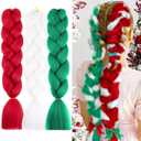 Red White Green Braiding Hair Extensions 24 Inch Jumbo Ombre Braiding Hair for Women Pre stretched High Temperature Synthetic Fiber Hair Soft Twist Braids for Christmas Carnival Party