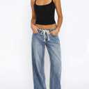 ELLEVEN Womens Low Rise Baggy Jeans, Casual Drawstring Wide Leg Denim Pants with Pockets (Blue)