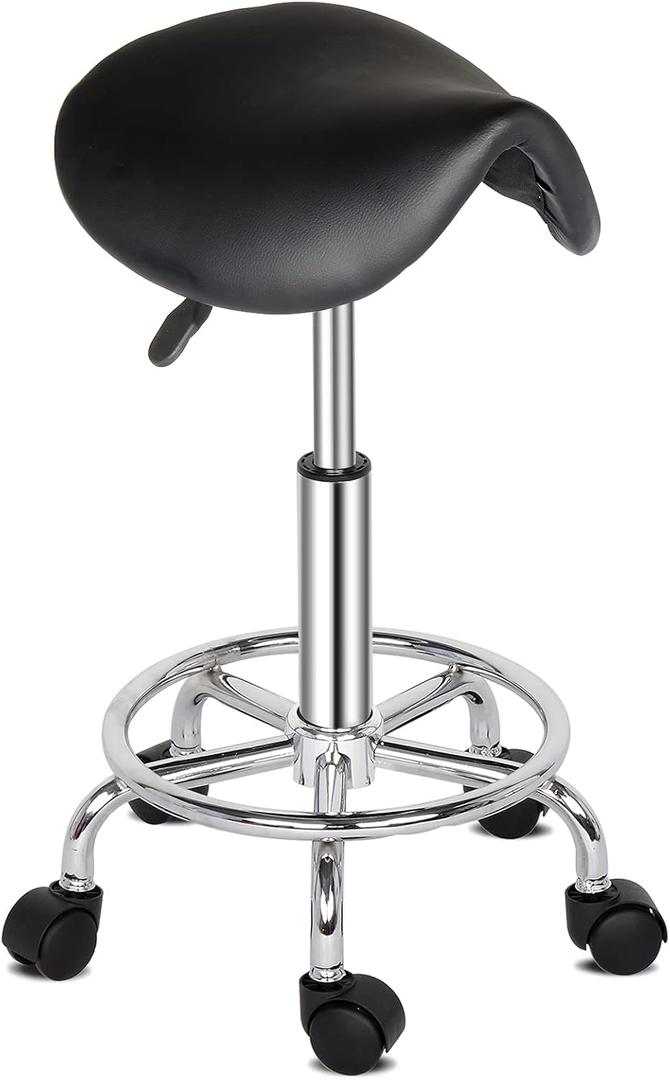 Modern Rolling Saddle Seat Stool Chair,PU Leather Swivel Adjustable Rolling Stools,Office Drafting Chairs,Ergonomic Rolling Saddle Salon Stool,with Wheels,for Home, Kitchen, Medical, Lab (Black)