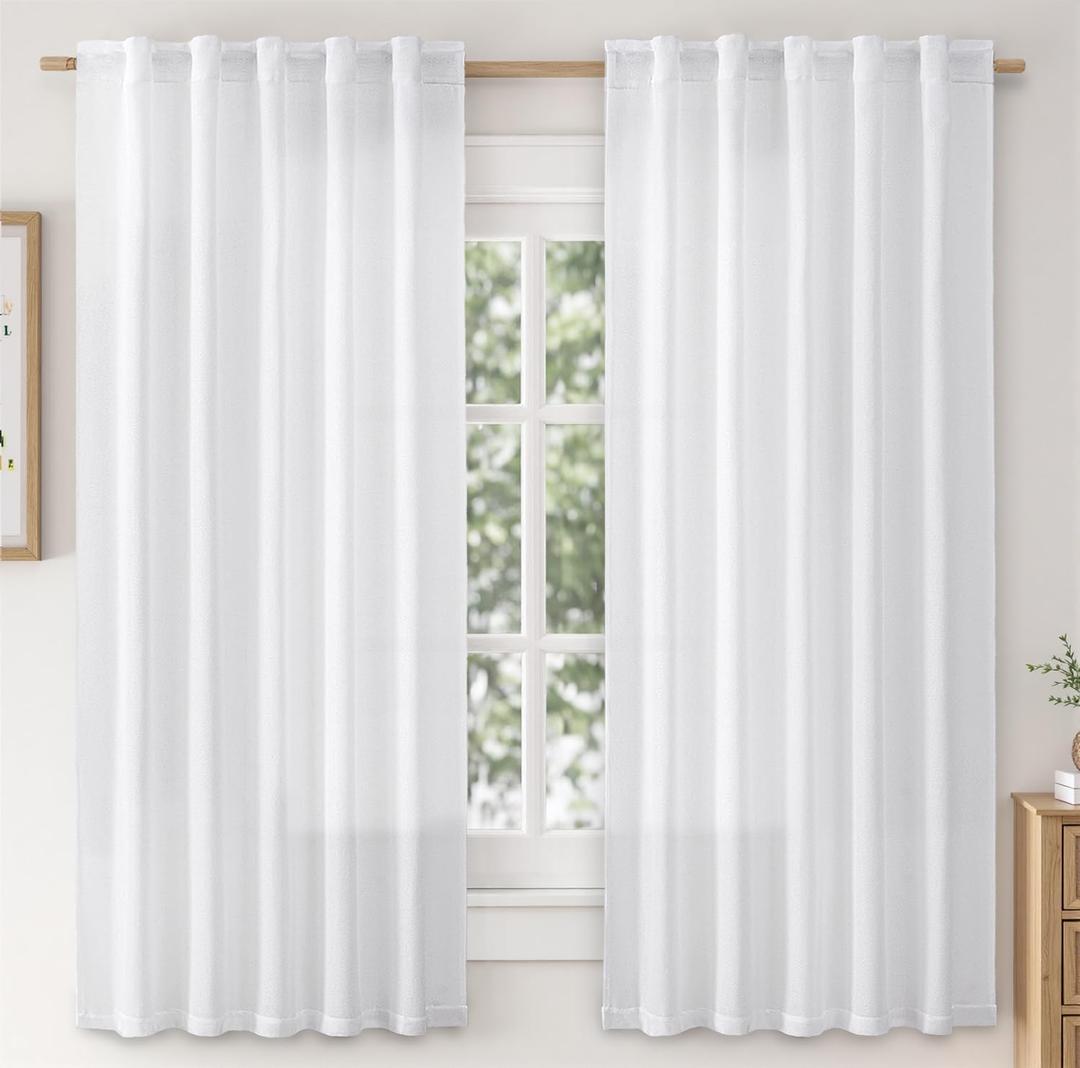 MIULEE Faux Linen Curtains 63 Inch Length 2 Panels Natural White Semi Sheer Curtain with Back Tab Rod Pocket, Light Filtering Window Privacy Burlap Drapes for Living Room Bedroom 42W x 63L