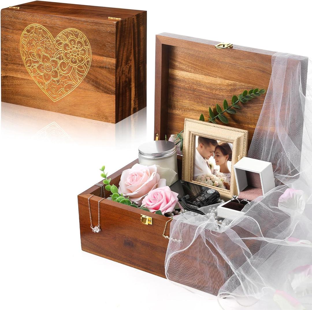 Large Wooden Wedding Keepsake Box with Lids 12 x 9 x 5.5 Inch, Wedding Memory Storage Box Engagement Gifts for Couples Newlyweds Bridal Shower Couple Gifts(Heart)