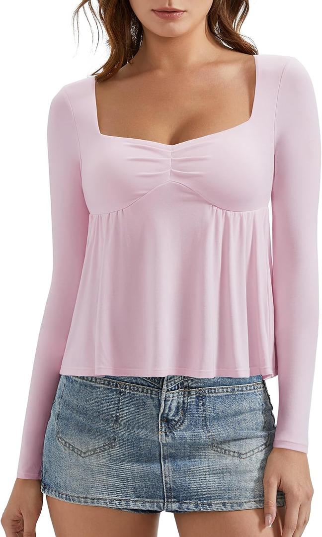OMKAGI Cute Peplum Babydoll Tops for Women Going Out Double Layer Long Sleeve Shirts (Pink, S)