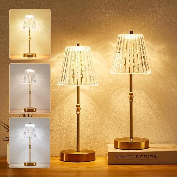 Cordless Table Lamp, 5000mAh Rechargeable Battery Operated Portable Lamp, Dimmable+3 Colors LED Touch Control, Vintage Crystal Lamp for Bedroom, Kitchen, Bar, Office (Gold-2 Pack)