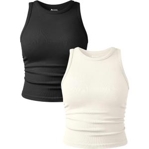 OQQ Women's 2 Piece Tank Tops Crew Neck Sleeveless Basic Stretch Casusal Yoga Crop Camis (Medium, Black,Beige)