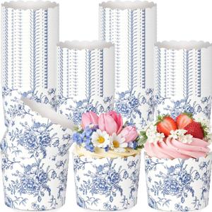 Funnymoom 100 Pcs Blue Floral Paper Baking Cups Blue White Wildflower Ice Cream Cup Disposable Cupcake Liners Wrappers Decorative Dessert Bowls for Food Baby Shower Wedding Birthday Party Supply