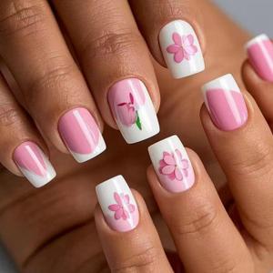 Medium Square Press on Nails French Tip False Nails with Leopard Print 3D Flower and Stars Designs Fake Nails Embossed Acrylic Nails Full Cover Stick on Nails for Women 24 Pcs (P-13, M-13)
