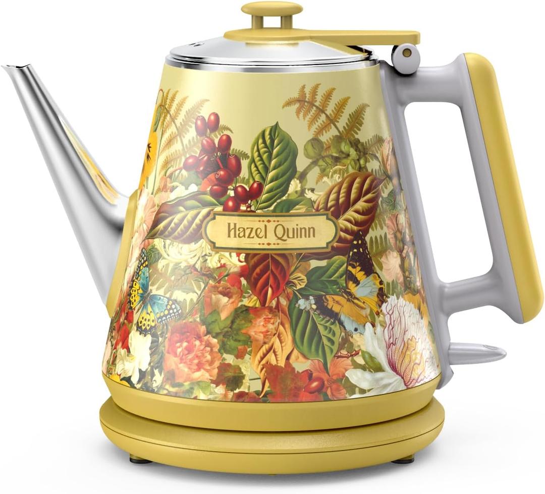 Hazel Quinn Retro X Eduardo Recife Collaboration Electric Kettle- 1 Litres / 34 Ounces Retro Small Tea Kettle, Double Wall, 304 Stainless Steel, 800W Fast Boiling, Cordless, BPA-Free, Auto Shut-Off (Floral Printed)