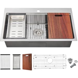 32"x18" Drop-In Workstation Sink 18 Gauge Stainless Steel Brushed
32 inch Kitchen Sink | Drop in Sink | 1-hole Single Bowl | Topmount | Board + colander | Roll-up Rack + Grid | 9" Deep Bowl