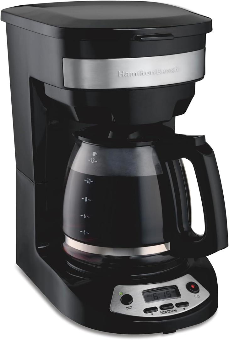 Hamilton Beach 12 Cup Programmable Drip Coffee Maker Machine, Regular & Bold Brew Options, Auto Pause and Pour, Glass Carafe, Black with Stainless Accents (46299J)