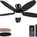 48 Inch Ceiling Fan with Light, Black Flush Mount Ceiling Fan with Remote and APP Control, Dimmable and 6 Wind Speed, Modern Low Profile Fan Light for Bedroom, Covered Outdoor