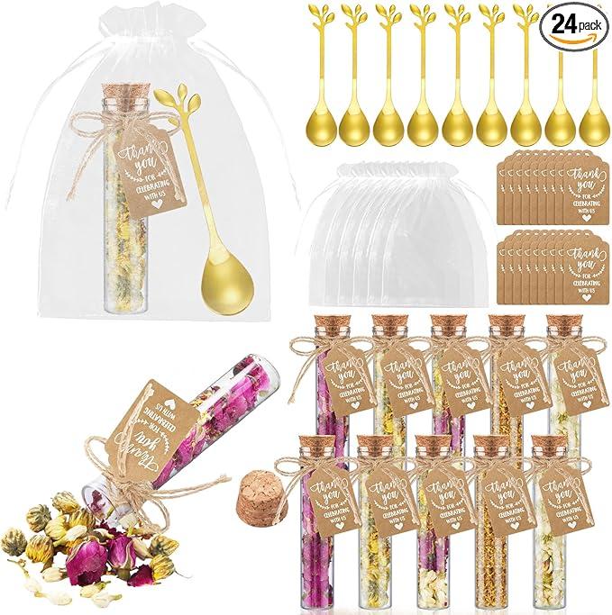 Hoolerry 24 Set Tea Party Favors Bulk Rustic Wedding Favor for Guest with 4.13'' Glass Tea Jar Stainless Steel Teaspoon Gift Tag Drawstring Organza Bag and Rope, Thank You Gift for Wedding Party
