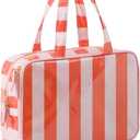 Travel Toiletry Bag for Women, Waterproof Clear Coated Portable Stripe Makeup Cosmetic Bag with Compartment, Travel Organizer for Shampoo, Conditioner, Brushes Set,Cosmetic Accessories(Pink-Orange)