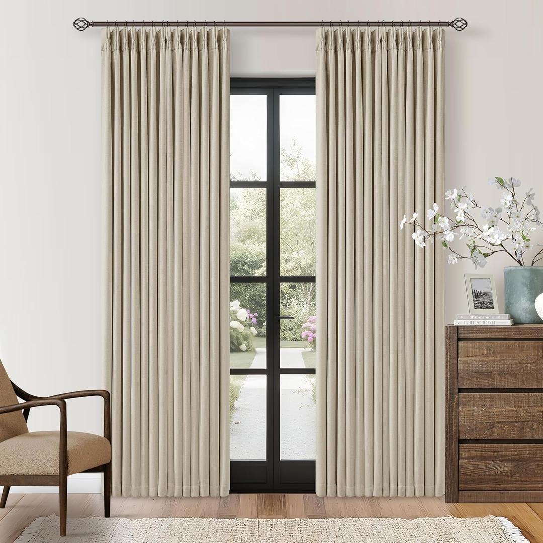 Neutral Beige Linen Pinch Pleated Blackout Curtains 84 Inches Long for Bedroom Living Room Darkening 100% Black Out Pinch Pleat Drape with Liner Farmhouse 84 Inch Curtain for Dining Room Oatmeal Sand