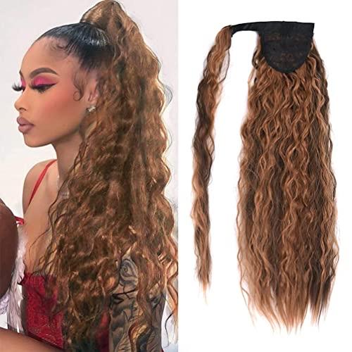 Corn Wave Ponytail Extension Clip in - 22 Inch Long Wavy Curly Wrap Around Pony Tail Heat Resistant Synthetic Hairpiece for Women (Brown mixed Light Auburn #8H30)