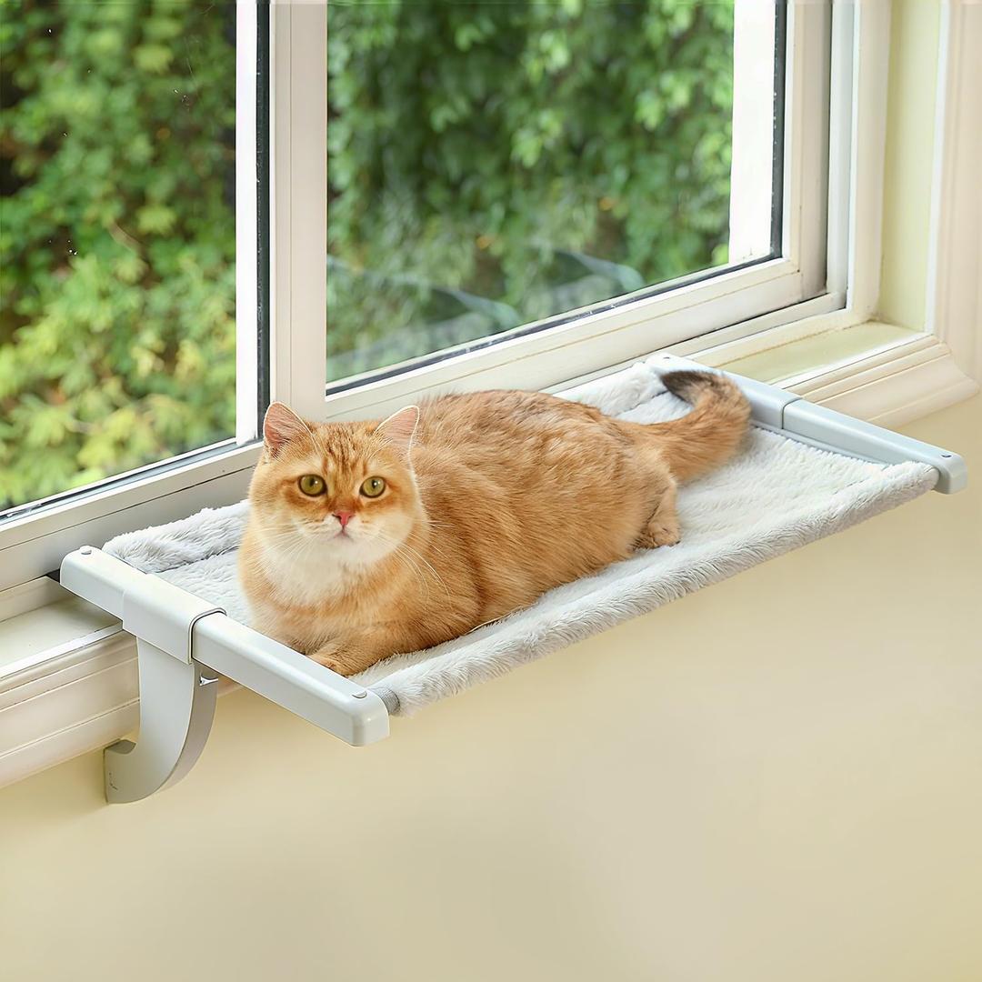 Window Sill Mount Cat Perch for Indoor Cats, One-Step Sliding Clamping Slot Adjustment Cat Hammock with Washable Cover, No Suction Cups Pet Bed for Windowsill & Bedside (XL)