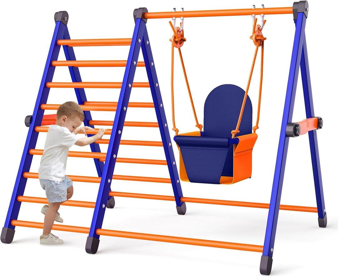 Climbing Toys and Baby Swing Set for Kids Toddlers Aged 1-3, Jungle Gym Pikler Triangle & Metal Swing Set Foldable 2-in-1 Montessori Baby Playground for Indoor Outdoor Backyard Climbing Toys and Baby Swing Set for Kids Toddlers Aged 1-3, Jungle Gym Pikler Triangle & Metal Swing Set Foldable 2-in-1 Montessori Baby Playground for Indoor Outdoor Backyard