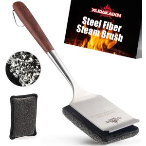 Bristle-Free Steam Cleaning Grill Brush Kit Luxurious Long Rosewood Handle, Includes 1 Replacement Head Safe BBQ Grill Cleaning for Outdoor Grill Great Gift for Men/Dad