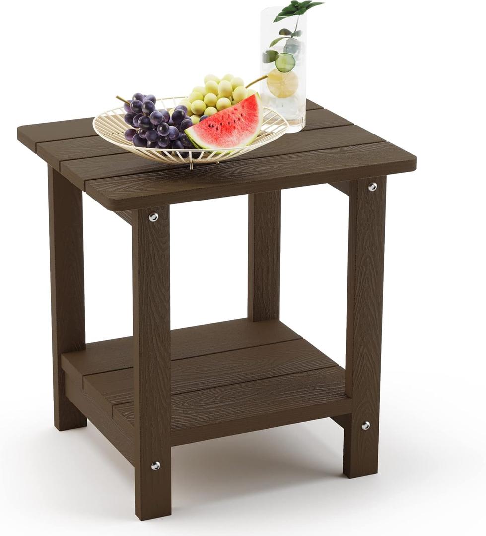 LUE BONA Adirondack Outdoor Side Table, 2-Tier Dark Brown HDPS Patio End Table Weather Resistant,Outdoor Morden Side Table for Patio, Pool, Porch