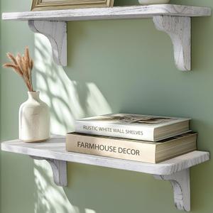 Real Wood Rustic White Wall Shelves for Bedroom - 17 inch (2 Pack) - Easy to Install, Template and Video Included - Solid Wood Floating Shelves, Farmhouse Bathroom Shelves (Wood Bracket - 2 Pack)