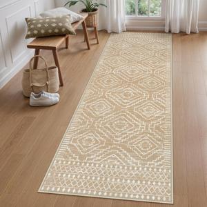 Wonnitar Moroccan Washable Kitchen Runner Rug 2'6"x8', Non-Slip Boho Rug Runners for Hallways, Farmhouse Floor Carpet Soft Runner for Bathroom Hall Entyway (Kakhi,2'6"x8')