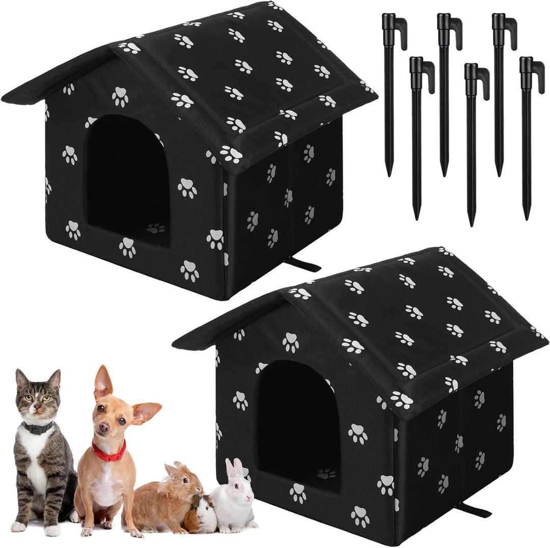 Soaoo 2 Pcs Large Feral Cat Shelter Outdoor Cat House 15.8 x 13.7 x 15.8 Inch Weatherproof and Insulated Foldable Cotton Filled Thicken Stray Shelter with Stakes for Wild Animal Easy to Assemble