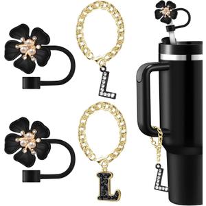 Straw Covers for Stanley Cup Accessories: Black Decorations for Stanley 30 oz & 40 oz Tumbler with Handle, Bling Letter Charms and Flower Silicone Straw Cap Topper, Trendy Stuff for Teen Girls & Women