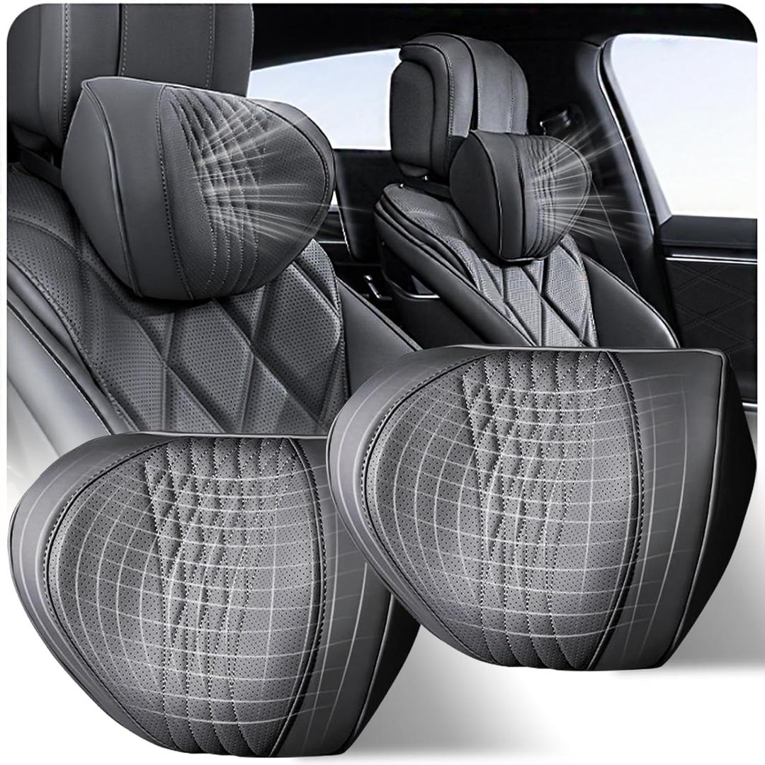 Car Neck Pillow 2-Pack - Premium Memory Foam Headrest with Soft Nappa Leather Feel, Ergonomic Support for Long Drives, Fits Most Vehicles (2, Black)