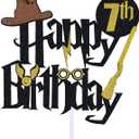 6 x Wizard 7th Cake Topper, Boy and Girl 7 Happy Birthday Party Decoration - Black (5th-50th)
