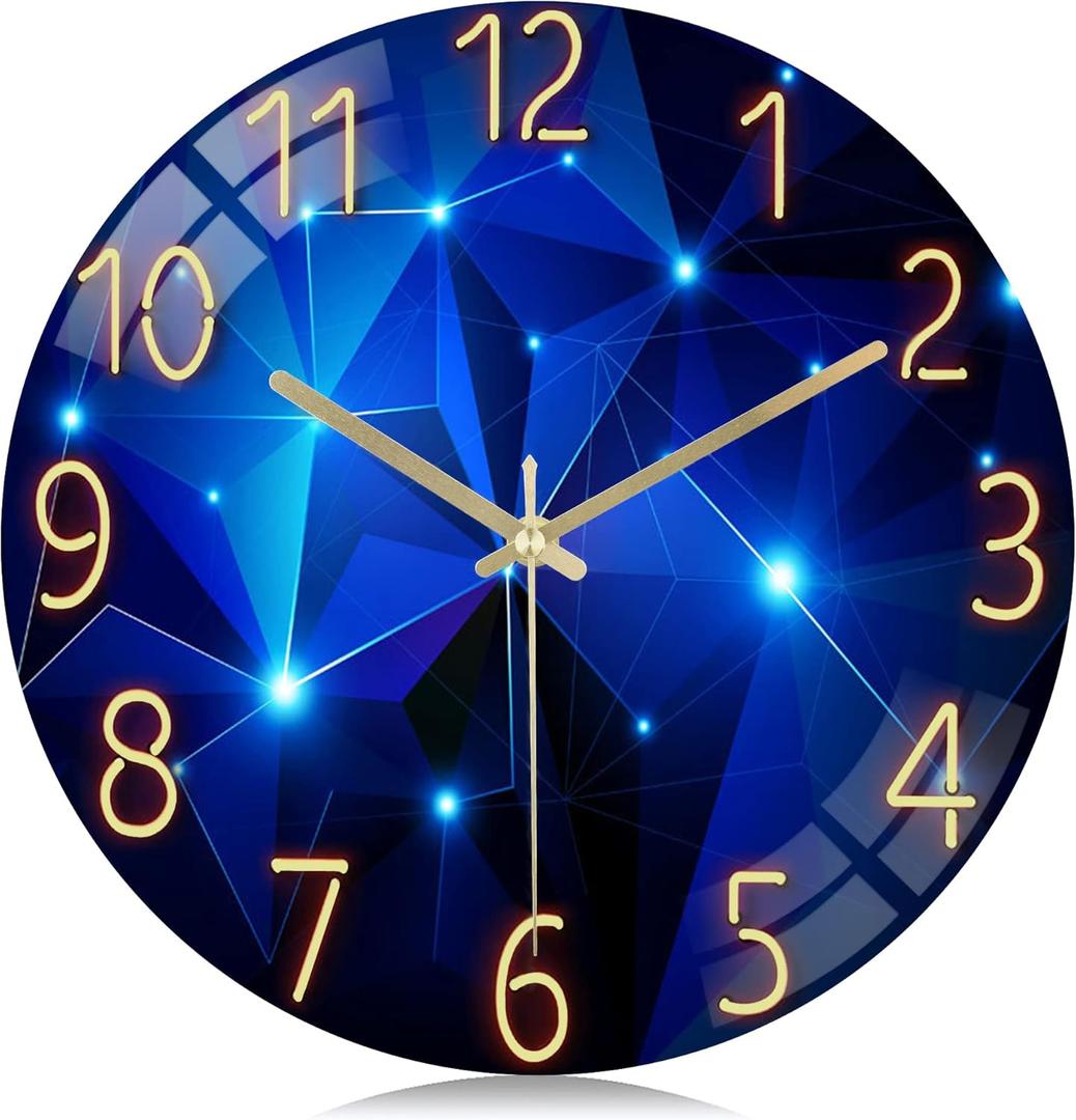 Lafocuse 12 Inch Silent Blue Wall Clocks Battery Operated, Analog Glass Wall Clock for Living Room Decor, Reloj de Pared Modern Decorative Kitchen Wall Clock for Bedroom Home Office