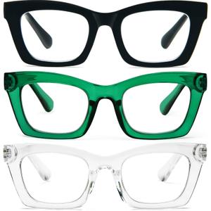 REAVEE Oprah Style Reading Glasses for Women, Blue Light Blocking Stylish Oversized Computer Readers Spring Hinge (Black/Green/Clear)
