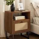 Masupu Extra Large Rattan Nightstand,Modern Boho Farmhouse Wood Bedside Table with Storage Drawer and Open Shelf, Black Frame Side End Table for Bedroom,Living Room,Office (Walnut)