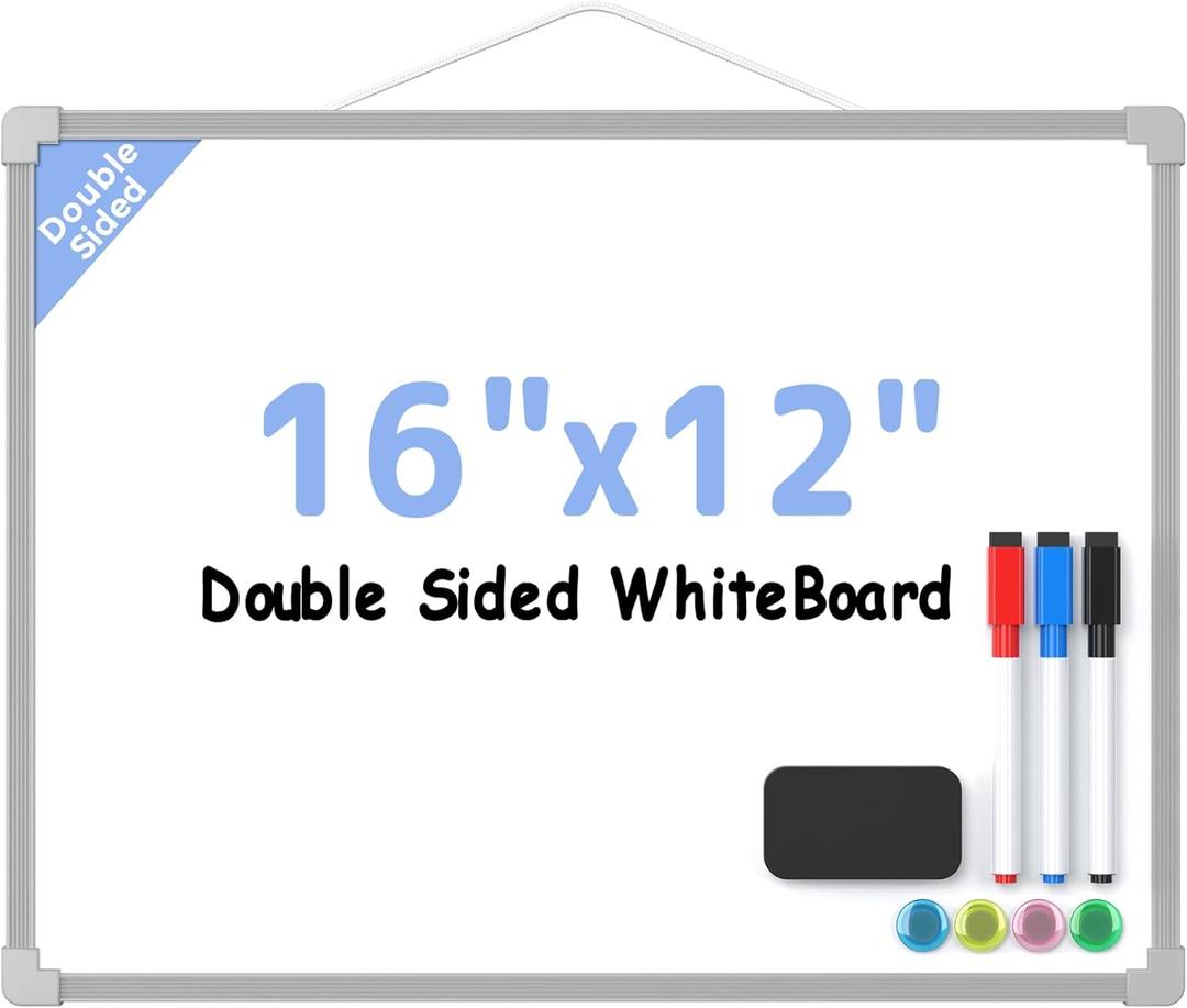 MaxGear Double-Sided Dry Erase Board for Wall, 16"x12" Hanging Whiteboard, Small Dry Erase White Board, Portable Whiteboard for Planning, Drawing, Memo, to Do List, Grey Frame