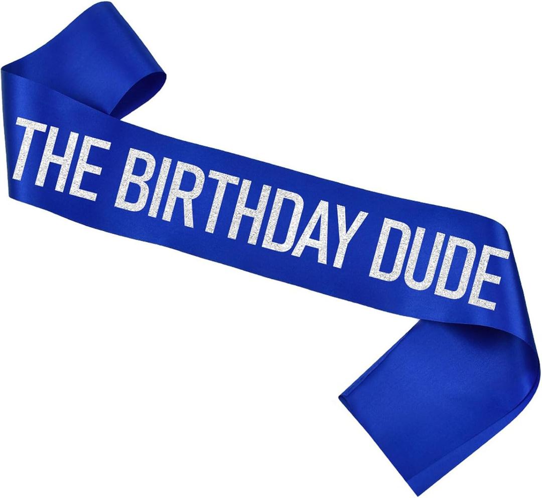 Birthday Dude Sash Blue with Silver Glitter Letter Birthday Gifts for Husband Boyfriend Son Brother Funny Birthday Sash for Boys or Men Birthday Party Decorations and Supplies,Blue Silver