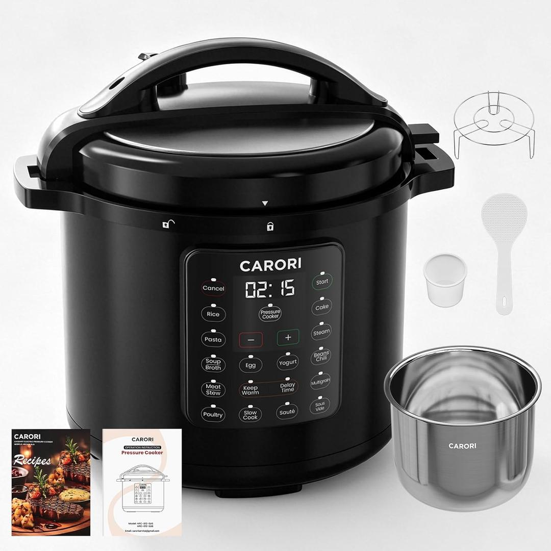 8Qt Electric Pressure Cooker 12-in-1, 1200W Stainless Steel Multi-Cooker, Slow Cook, Rice Cook, Steamer, Saut, Yogurt Maker, Warmer & Sterilizer, Safer Venting Design with Recipe Book, Black