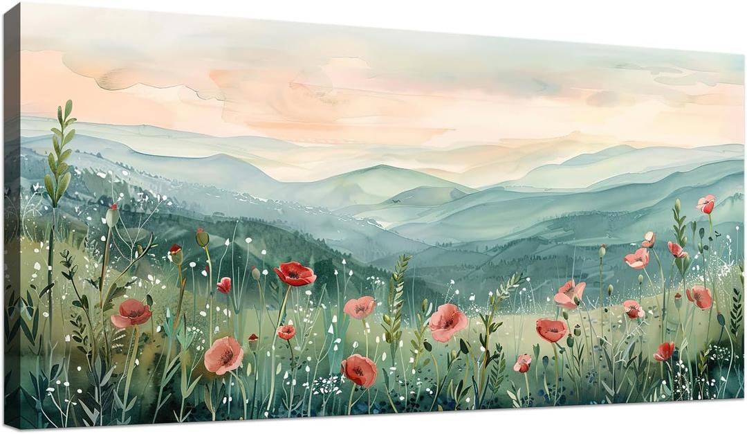 Tucai Decor Floral Landscape Canvas Wall Art 20 x 40 inches Poppies in Mountain Valley Home Decor Art Prints for Living Room Bedroom Office Ready to Hang