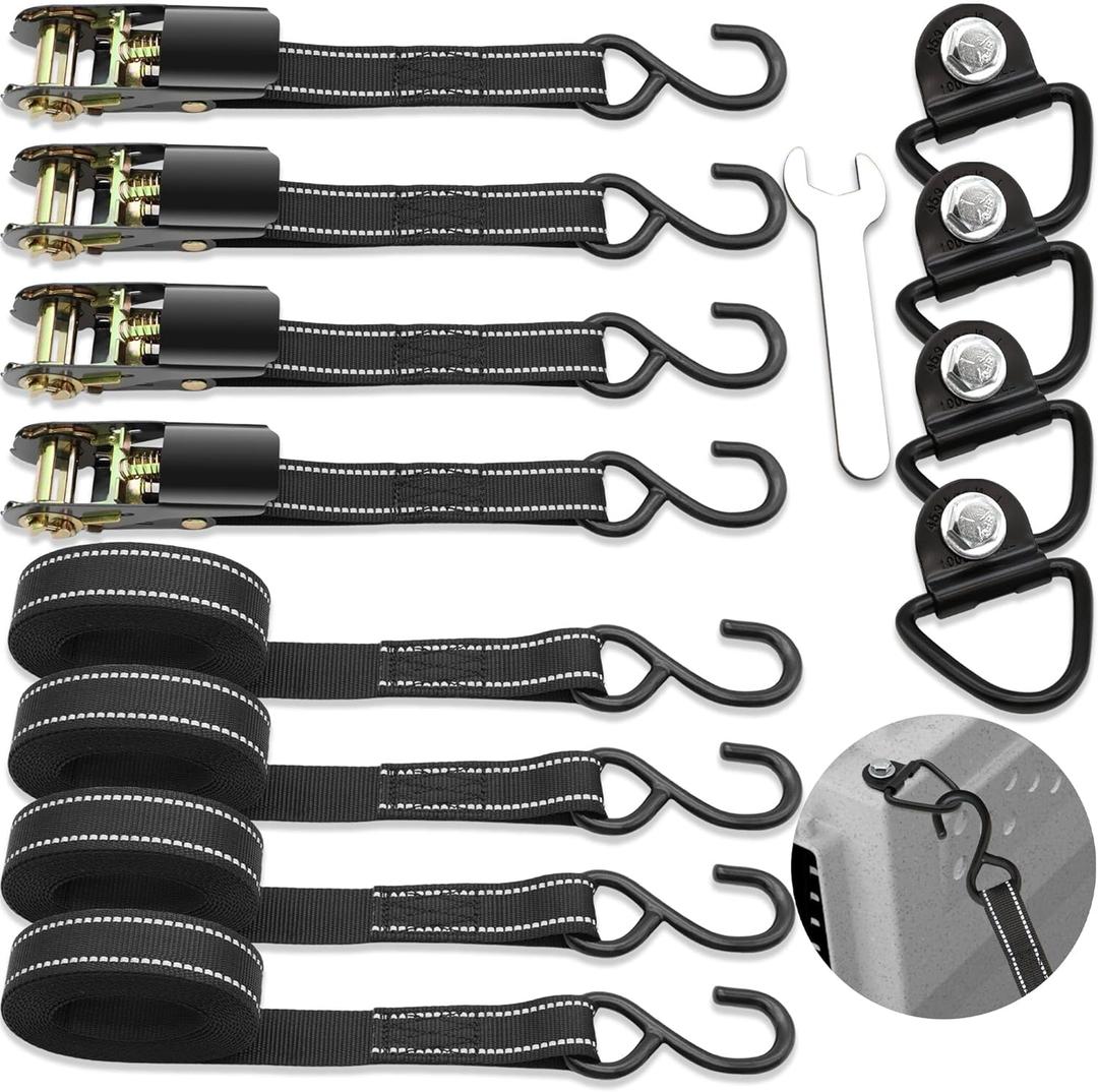 8 Pack Tie Down Kit for Ruffland Kennel - Tie Down D-Ring Kit - 1000 Lbs, with Wrench, Tie Down Straps Kit Compatible with RuffLand Kennels - 1800 LB Break Strength, Night Reflection, 10 Ft
