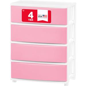 IRIS USA Plastic Drawer Storage Organizer, 4-Drawers, for Art Supplies Bathroom Dorm Bedroom Laundry Room, Wide, White Frame with Matte Pink Front Panels