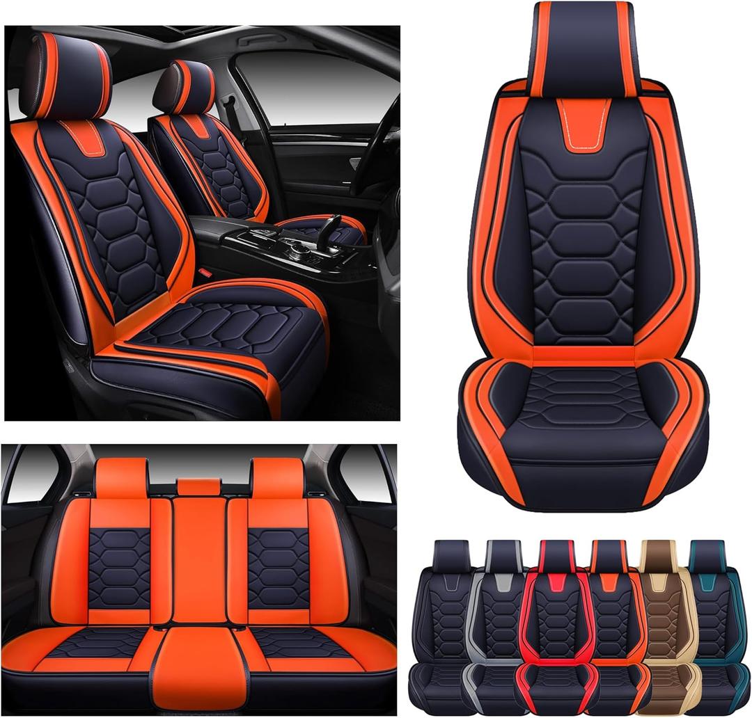 OASIS AUTO Car Seat Covers Premium Waterproof Faux Leather Cushion Universal Accessories Fit SUV Truck Sedan Automotive Vehicle Auto Interior Protector Full Set (OS-004 Orange)