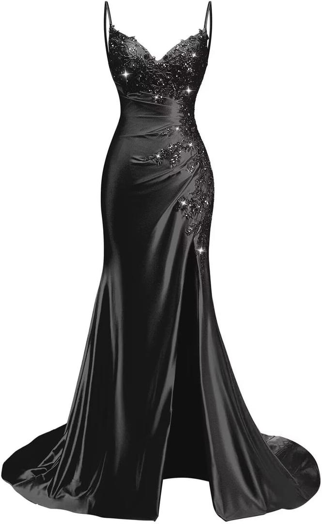 Lace Applique Satin Prom Dresses for Women 2026 Mermaid V Neck Ruched Spaghetti Strap Formal Evening Gown with Slit (4, Black)