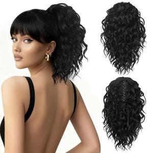 Clip on Ponytails for Women - 12 Inch Curly Black Ponytail Extension, Curly Pony Tails Hair Extensions, Synthetic Hair Extensions Ponytail, Natural Hair Pieces for Women (Color: Black)