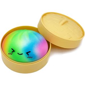 Rainbow Dumpling Toy with Steamer Case, Funny Squeeze Dough Stress Ball, Realistic Steamed Bun Squeezing Toy for Fidget Sensory Anxiety Relief Calming Travel Accessory Gift
