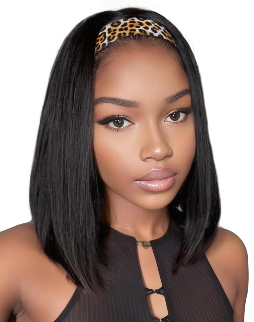 QUEENTAS 12 Inch Headband Wigs for Black Women Black Natural Straight Synthetic Heat Resistant Hair for Daily Use Dating Wear and Go Glueless Bob Wig Shoulder Length (#1B)