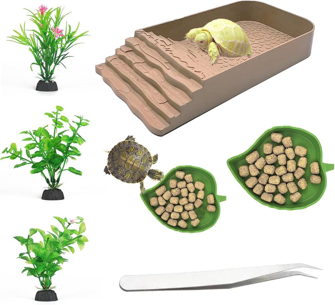 3 PCS Reptile Water Dish, Leaf Reptile Water Bowl, Amphibians Habitat Yellow Tortoise Water Dish with Climbing Ramp for Turtle, Gecko, Snake, Bearded Dragon, Lizard