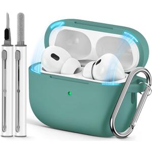 Ljusmicker for AirPod Pro Case Cover with Cleaner Kit, Soft Silicone Protective Case for Apple AirPods Pro 2nd/1st Generation for Women Men, AirPod Pro Case with Magnetic Lid Lock & Keychain-Solid Green
