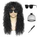 Rock Wig for 80s Costume Men and Women Curly Wavy Rocker Wig with Bangs Hippie Party Funny Wig for Halloween Themed Party Retro Concerts Costume Parties (Black)