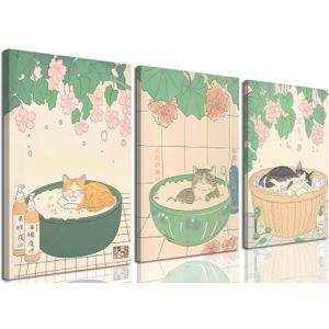 Funny Japanese Cat Bathroom Wall Art Set of 3, Cute Cat in Bathtub Wall Decor Painting, Whimsical Animal Bathroom Poster Canvas Prints Artwork for Restroom 12x16 inch Framed