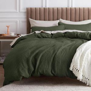 Bedsure Cotton Duvet Cover King - 100% Cotton Waffle Weave Olive Green Duvet Cover King Size, GentleSoft and Breathable Bedding Set for All Season, 3 Pieces, 104"x90"