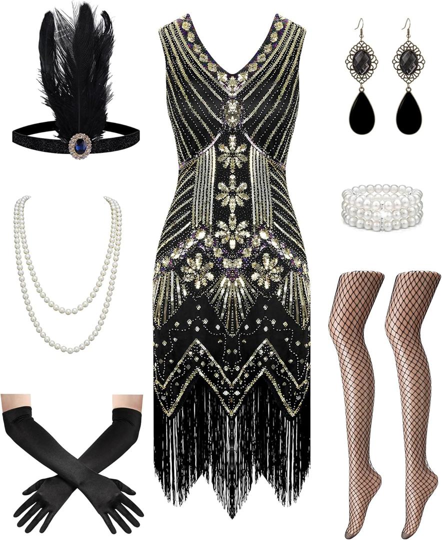 1920s Great Gatsby Dresses for Women, Roaring 20s Flapper Dresses for Women Sequin Fringe Set Costumes Accessories (Medium, Black Gold)